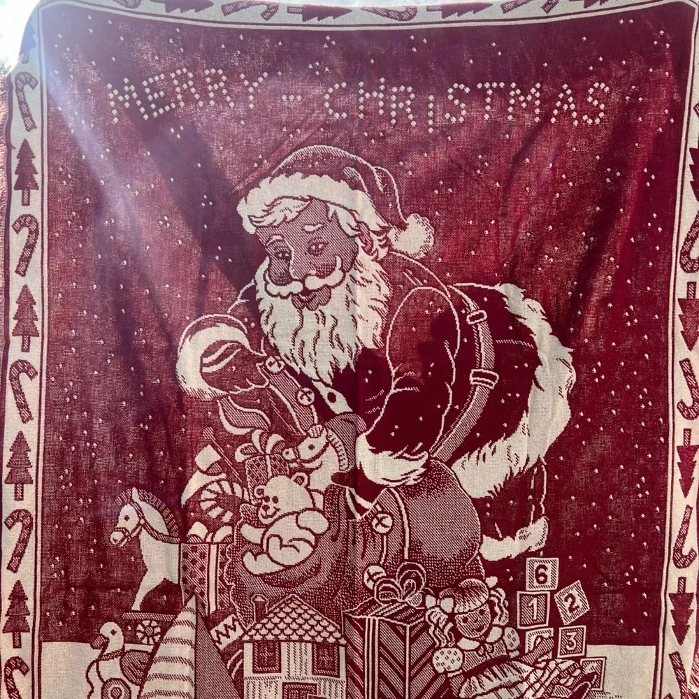 VTG Creepy Eyed Santa Tapestry Throw Blanket 58x47 Christmas